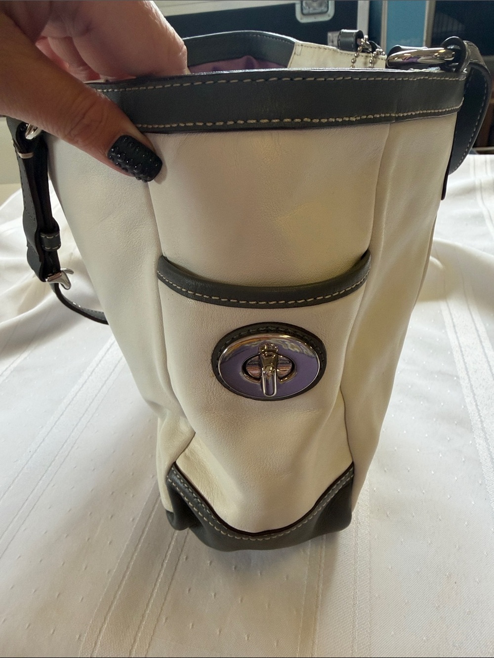 Coach Two-Tone Cream and Dark Gray Leather Tote - Picture 7 of 7